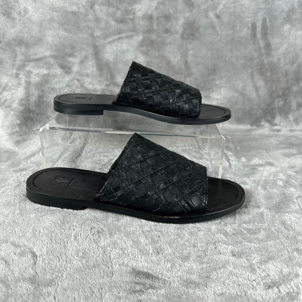 Frye Black Woven Leather Slides Flat Sandals 6M Minimalist Beach Bohemian Summer